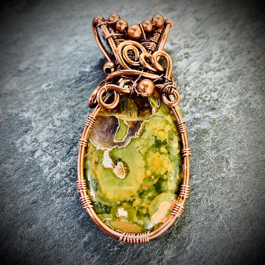 Copper Wire Wrapped Ocean Jasper Pendant