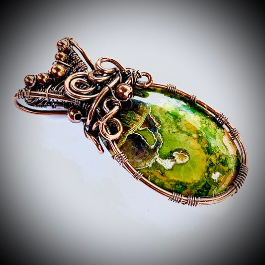 Copper Wire Wrapped Ocean Jasper Pendant