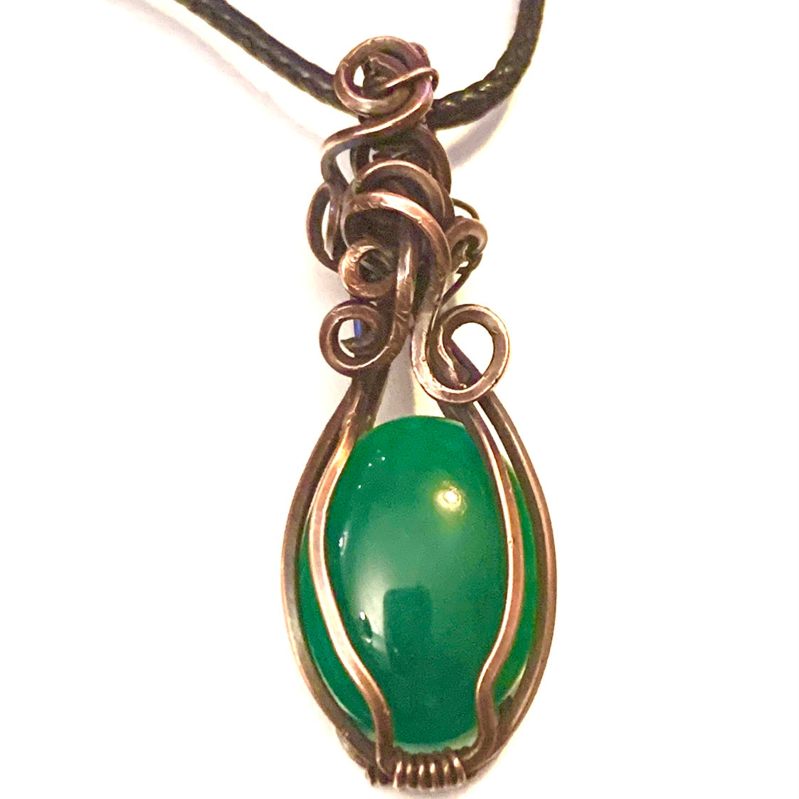 Copper Wire Wrapped Green Chalcedony Necklace